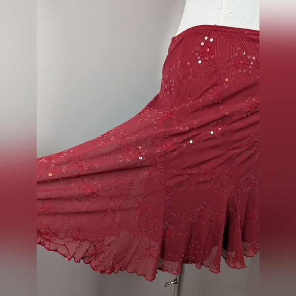 Y2K Red Sheer Layered Sequin Midi Skirt Low Rise Boho Mesh Size M - Picture 3 of 7